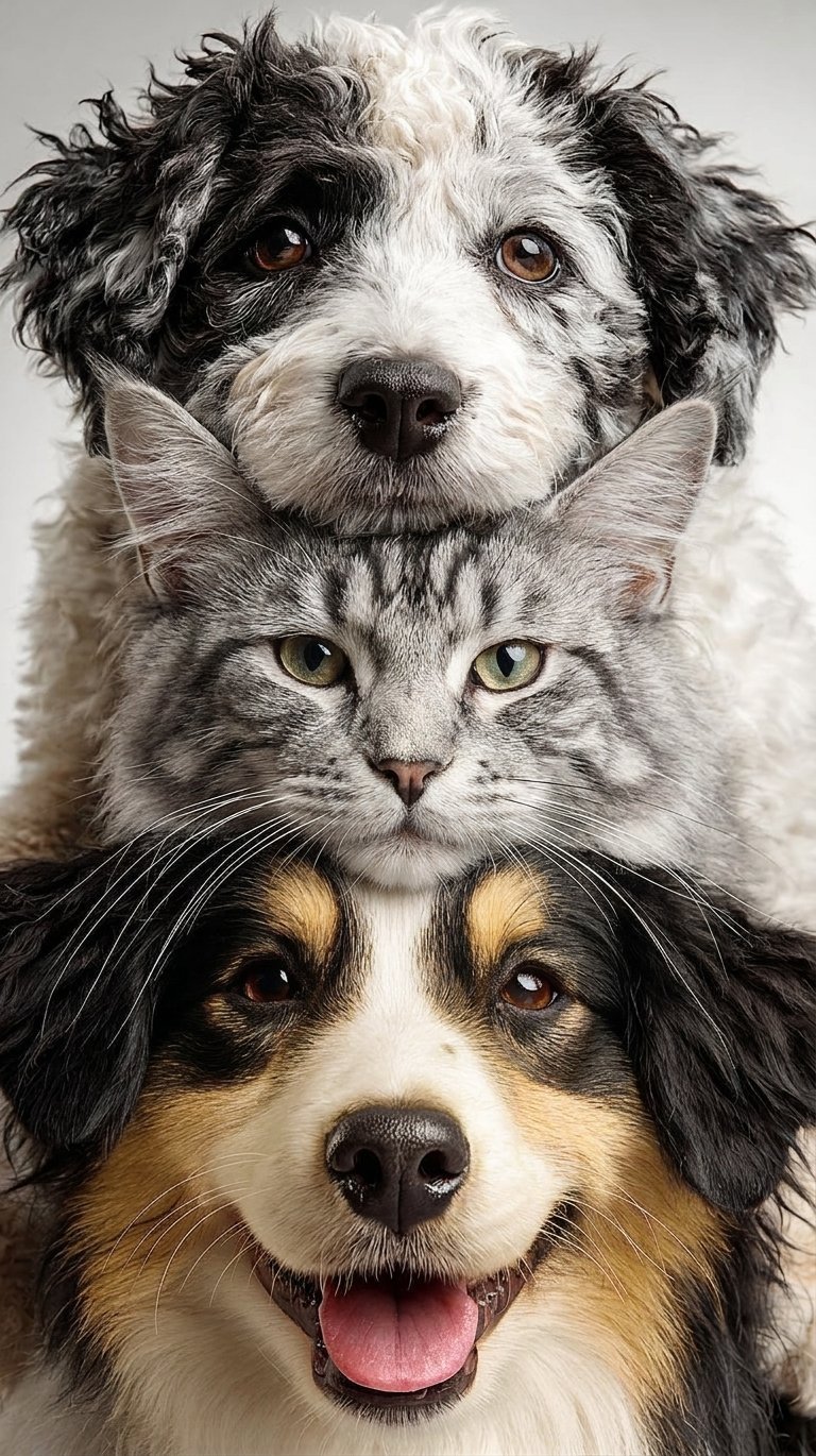 Dos perros y un gato asomados uno sobre el otro